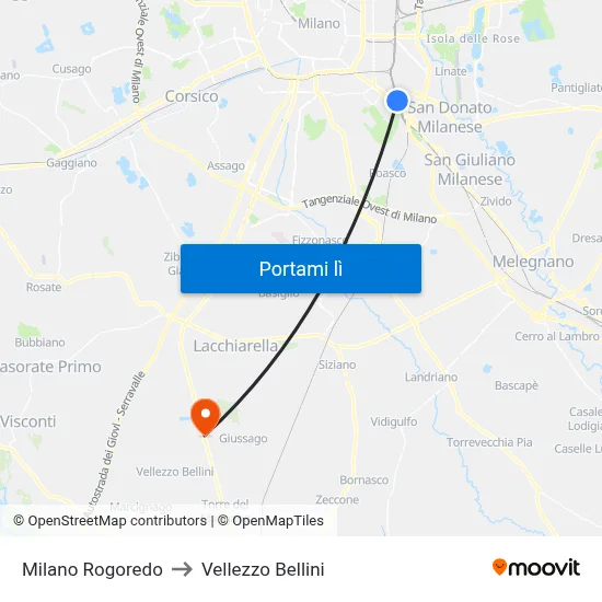 Milano Rogoredo to Vellezzo Bellini map