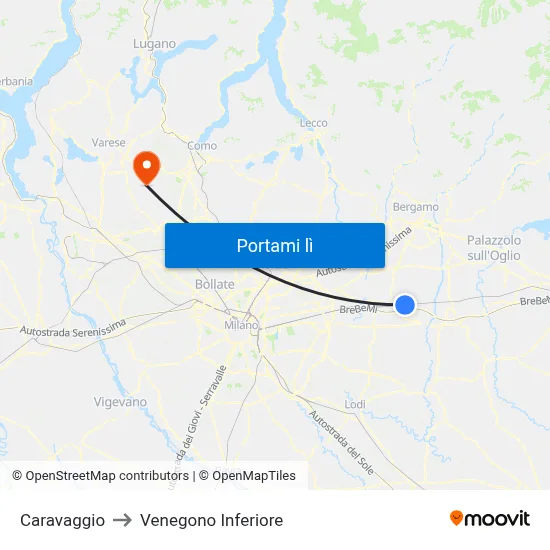 Caravaggio to Venegono Inferiore map