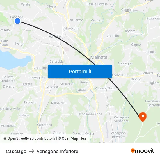 Casciago to Venegono Inferiore map