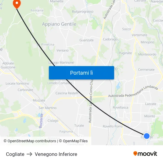 Cogliate to Venegono Inferiore map