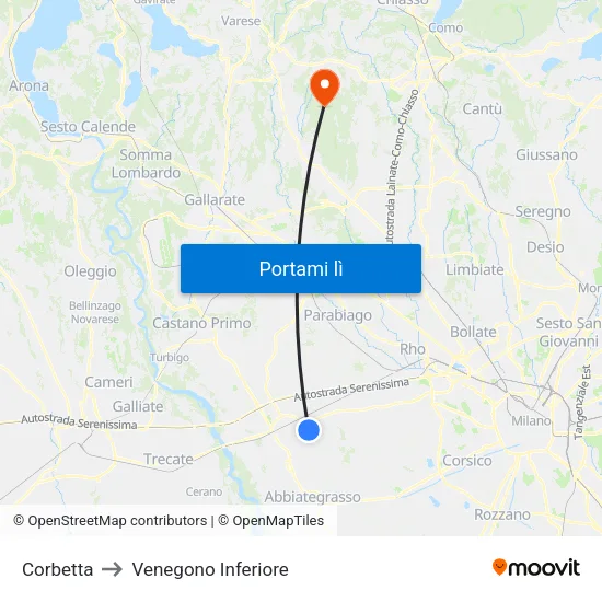 Corbetta to Venegono Inferiore map