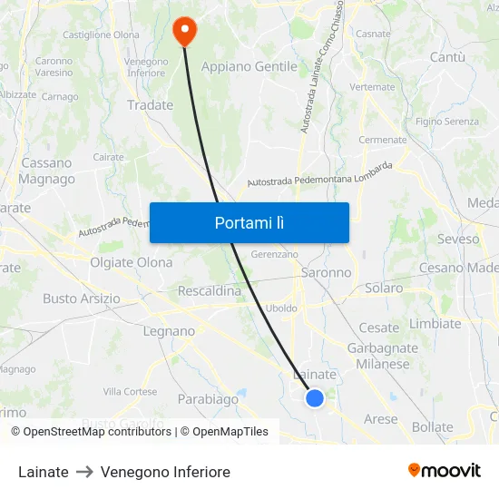 Lainate to Venegono Inferiore map