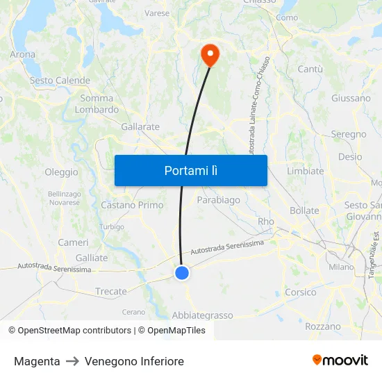 Magenta to Venegono Inferiore map