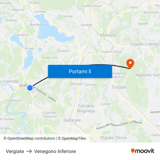 Vergiate to Venegono Inferiore map