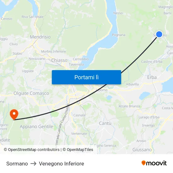 Sormano to Venegono Inferiore map