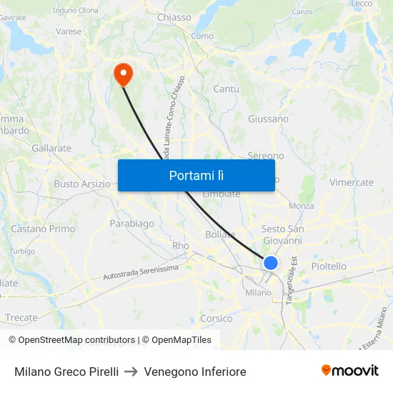 Milano Greco Pirelli to Venegono Inferiore map