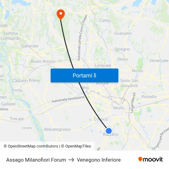 Assago Milanofiori Forum to Venegono Inferiore map