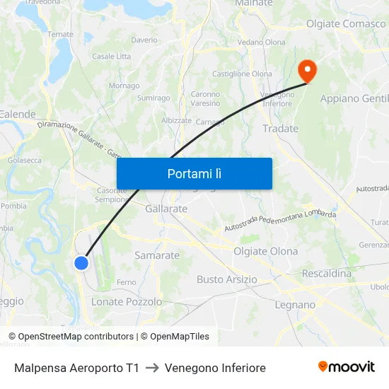 Malpensa Aeroporto T1 to Venegono Inferiore map