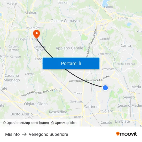 Misinto to Venegono Superiore map