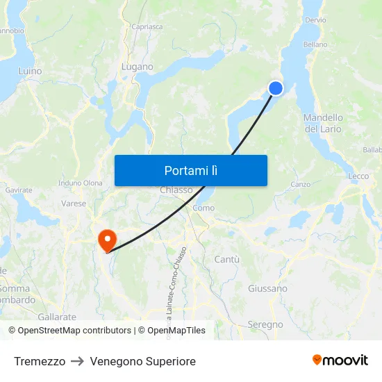 Tremezzo to Venegono Superiore map