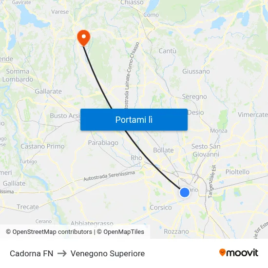 Cadorna FN to Venegono Superiore map
