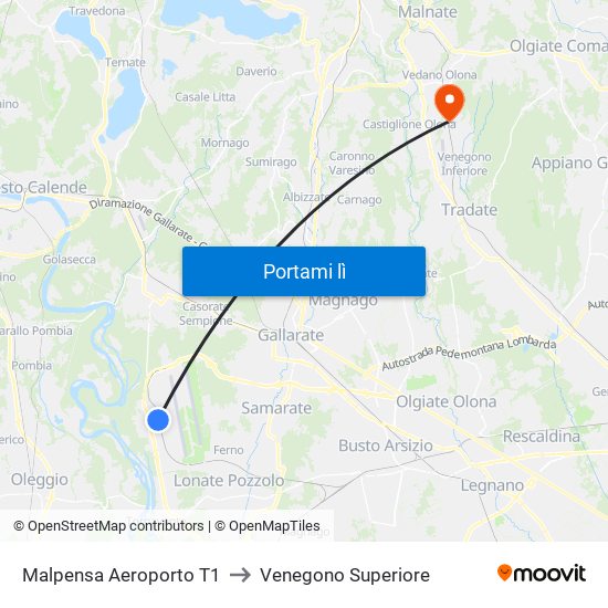 Malpensa Aeroporto T1 to Venegono Superiore map