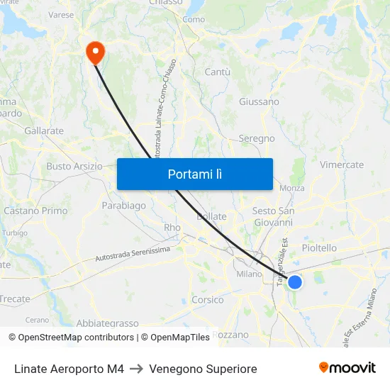 Linate Aeroporto M4 to Venegono Superiore map