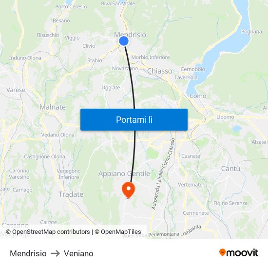 Mendrisio to Veniano map