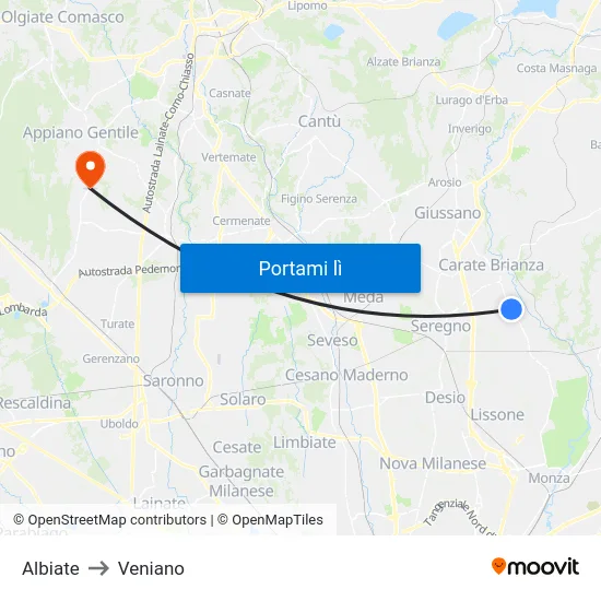 Albiate to Veniano map