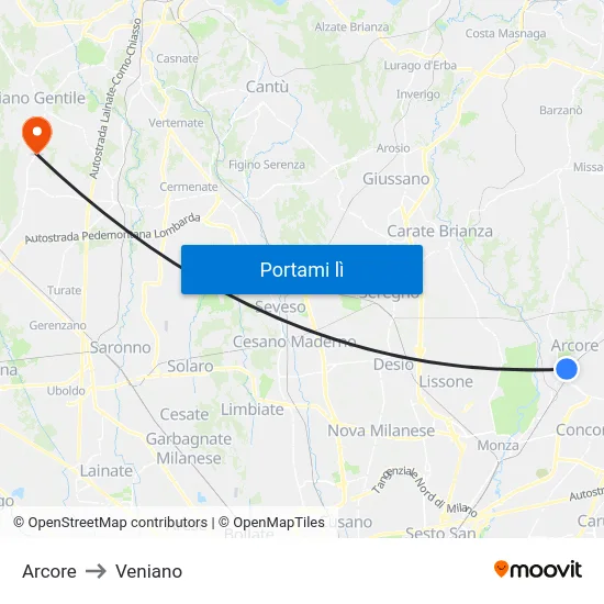 Arcore to Veniano map