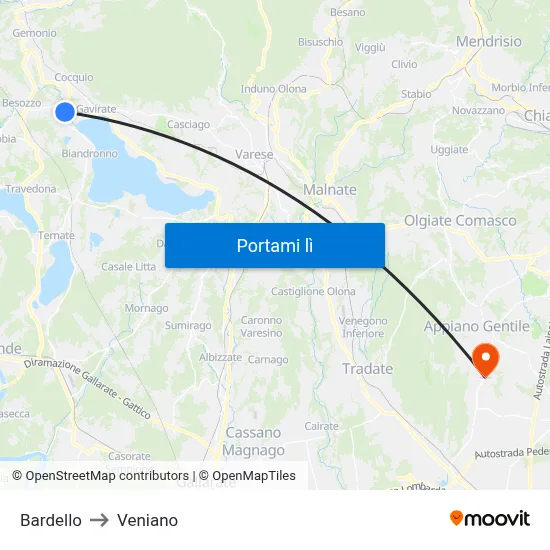 Bardello to Veniano map