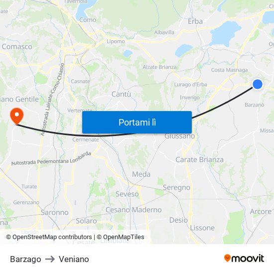 Barzago to Veniano map
