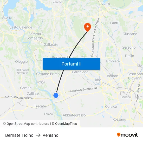 Bernate Ticino to Veniano map