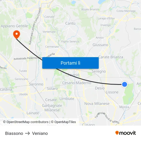 Biassono to Veniano map