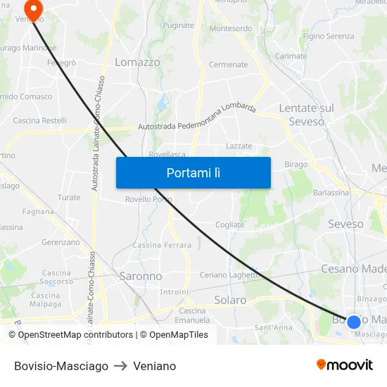 Bovisio-Masciago to Veniano map
