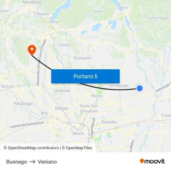 Busnago to Veniano map