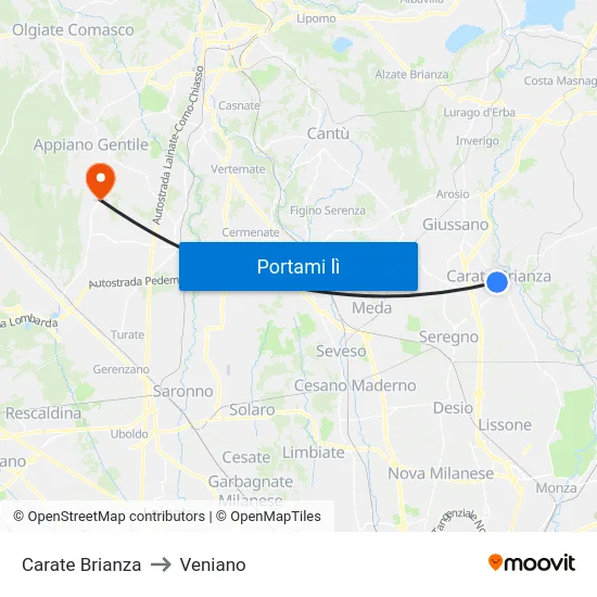 Carate Brianza to Veniano map