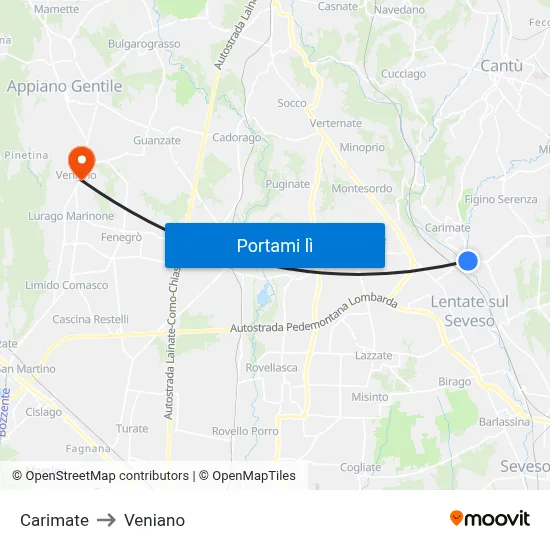 Carimate to Veniano map