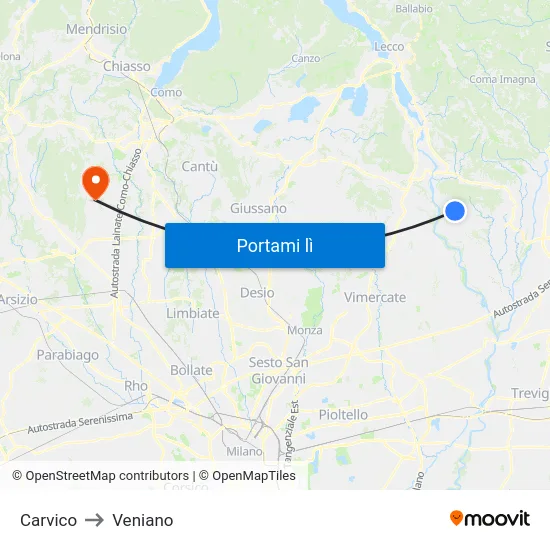 Carvico to Veniano map