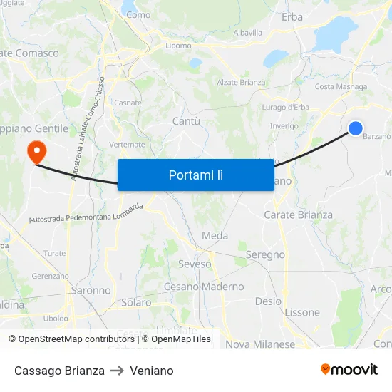 Cassago Brianza to Veniano map