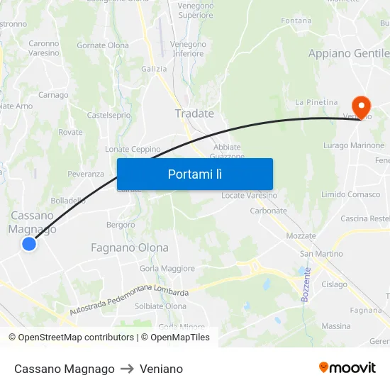 Cassano Magnago to Veniano map