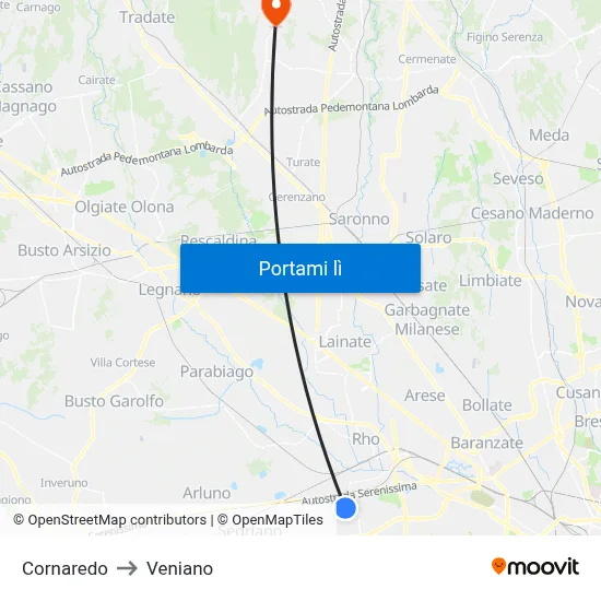 Cornaredo to Veniano map