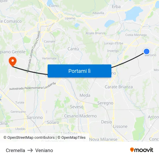 Cremella to Veniano map