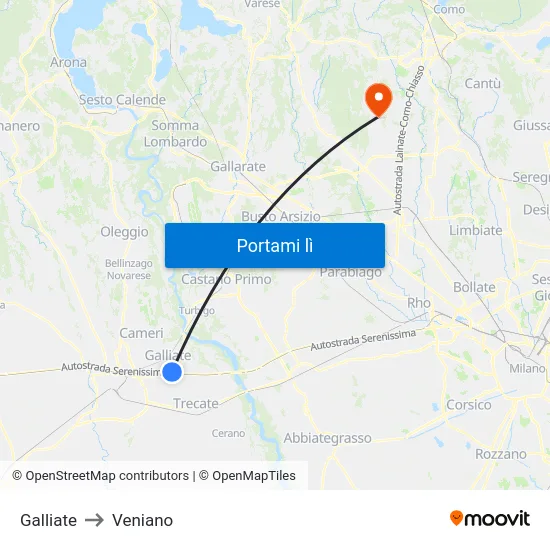 Galliate to Veniano map