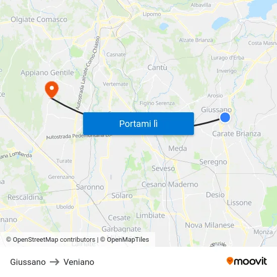 Giussano to Veniano map