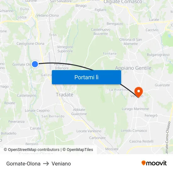 Gornate-Olona to Veniano map