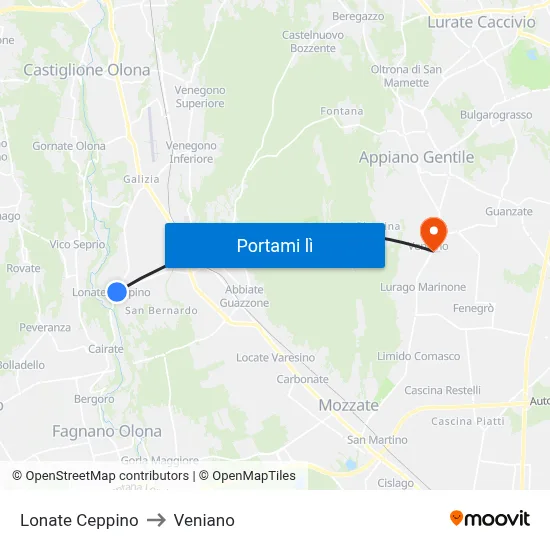 Lonate Ceppino to Veniano map