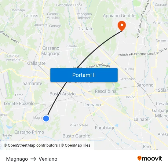 Magnago to Veniano map