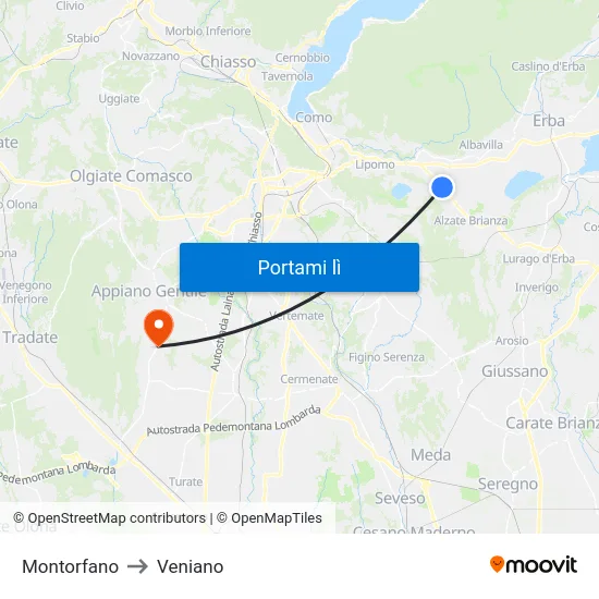 Montorfano to Veniano map