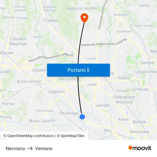 Nerviano to Veniano map