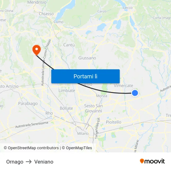 Ornago to Veniano map