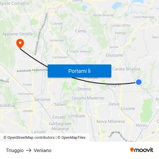 Triuggio to Veniano map