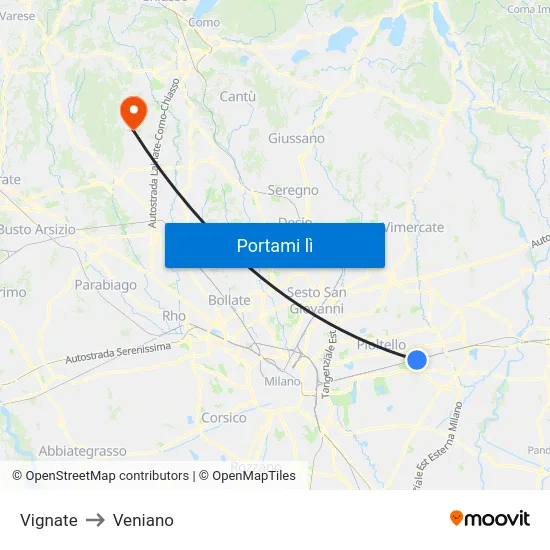 Vignate to Veniano map