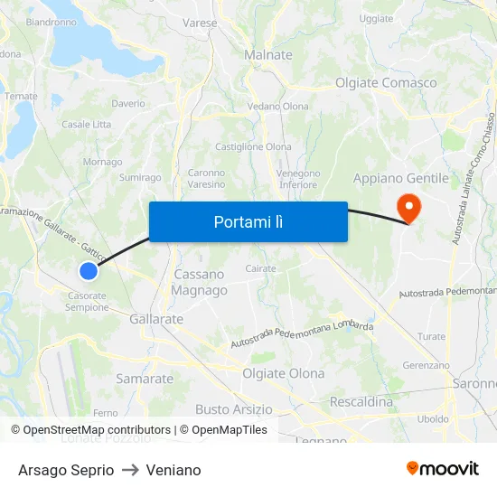 Arsago Seprio to Veniano map