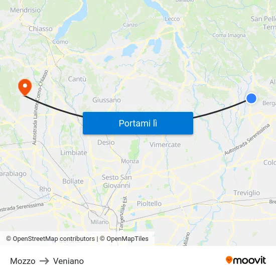 Mozzo to Veniano map