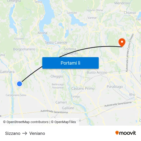 Sizzano to Veniano map