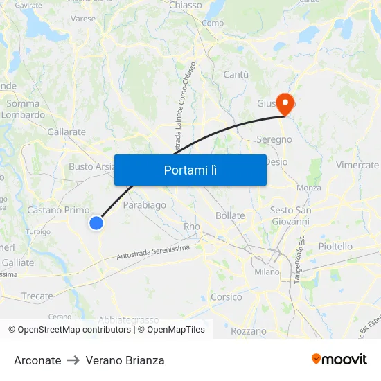 Arconate to Verano Brianza map
