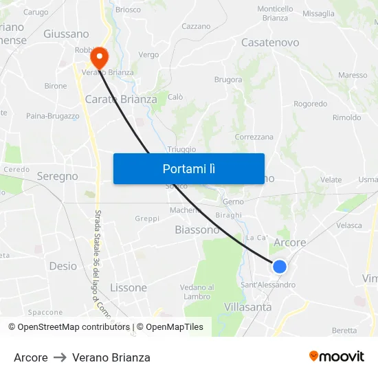 Arcore to Verano Brianza map
