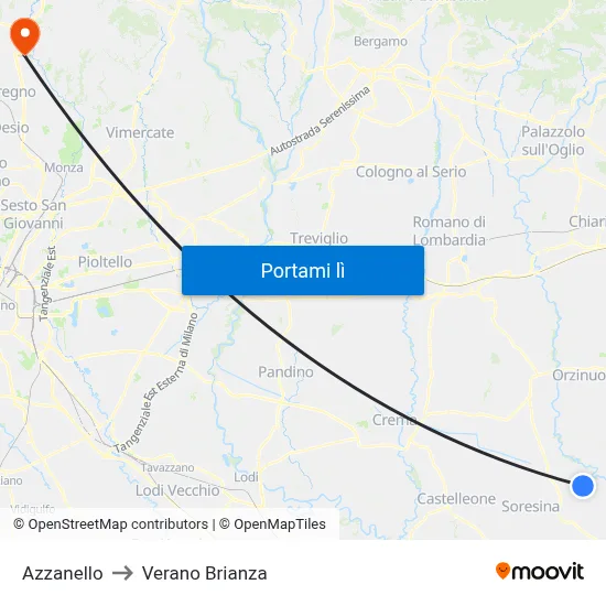 Azzanello to Verano Brianza map