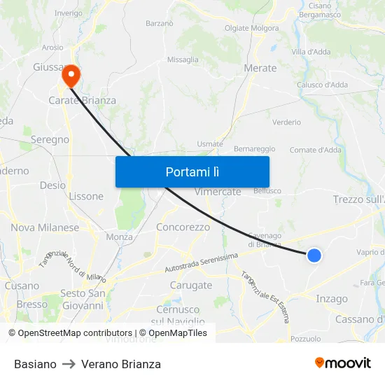 Basiano to Verano Brianza map